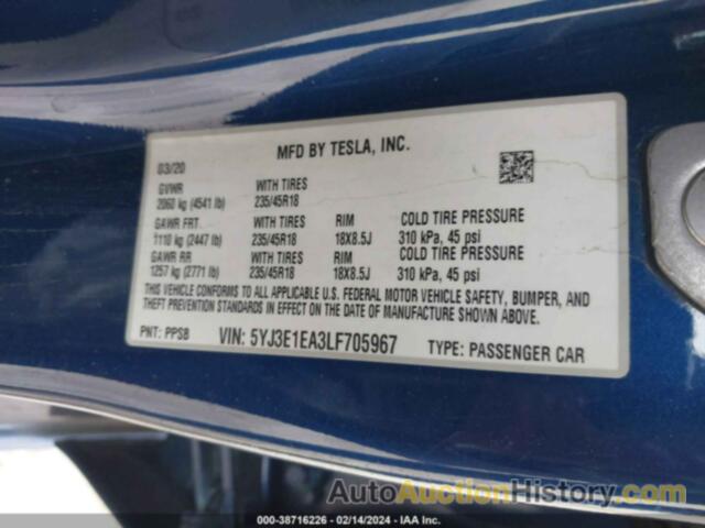 TESLA MODEL 3 STANDARD RANGE PLUS REAR-WHEEL DRIVE/STANDARD RANGE REAR-WHEEL DRIVE, 5YJ3E1EA3LF705967