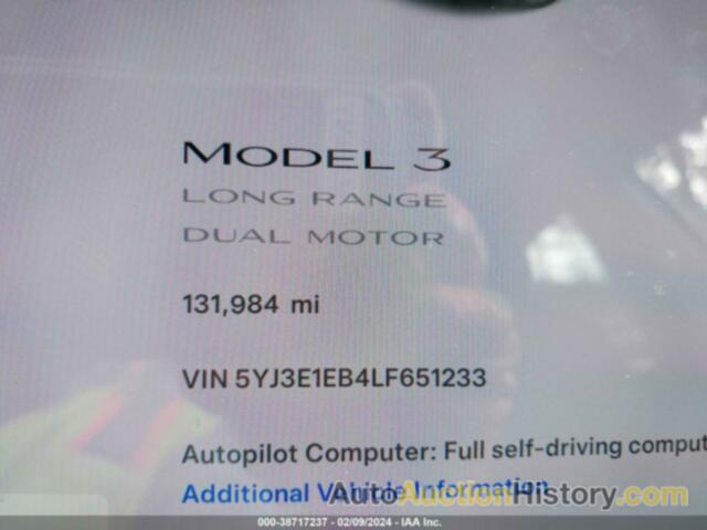 TESLA MODEL 3 LONG RANGE DUAL MOTOR ALL-WHEEL DRIVE, 5YJ3E1EB4LF651233