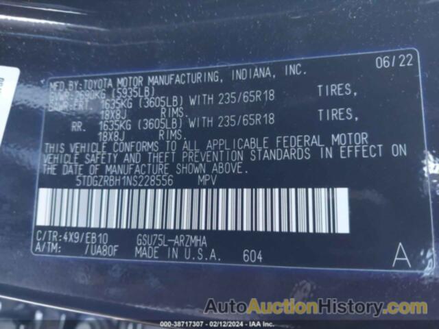 TOYOTA HIGHLANDER XLE, 5TDGZRBH1NS228556