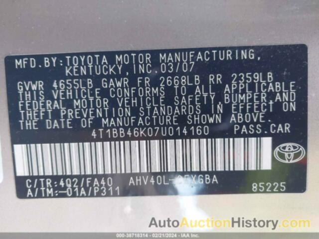 TOYOTA CAMRY HYBRID, 4T1BB46K07U014160