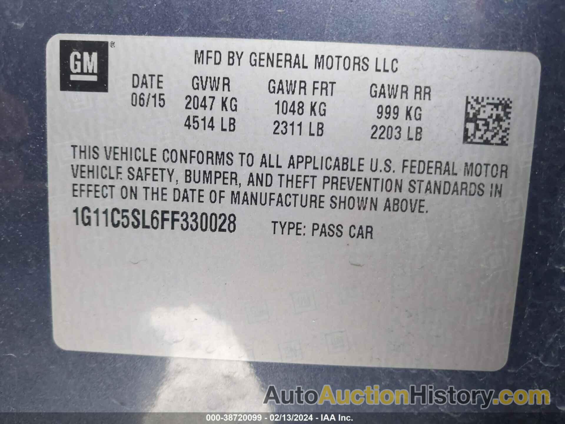 CHEVROLET MALIBU 1LT, 1G11C5SL6FF330028