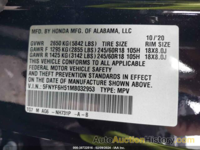 HONDA PILOT AWD EX-L, 5FNYF6H51MB032953
