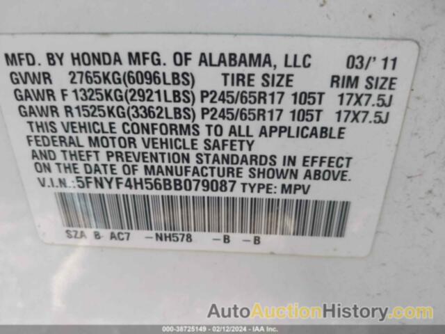 HONDA PILOT EX-L, 5FNYF4H56BB079087