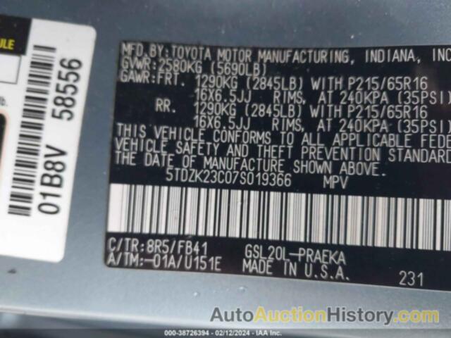 TOYOTA SIENNA CE, 5TDZK23C07S019366