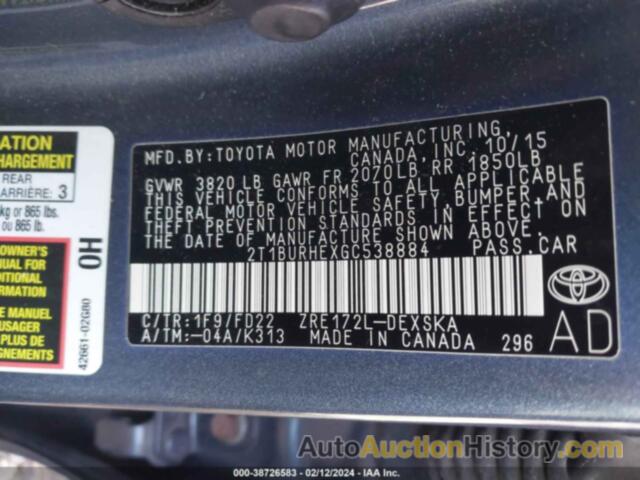 TOYOTA COROLLA S PLUS, 2T1BURHEXGC538884