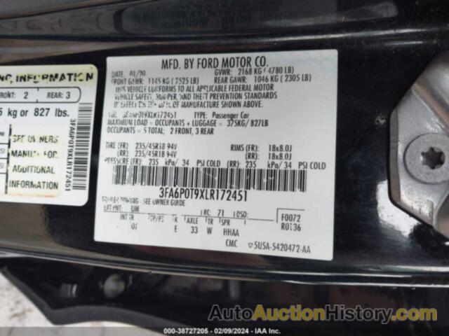 FORD FUSION SE, 3FA6P0T9XLR172451