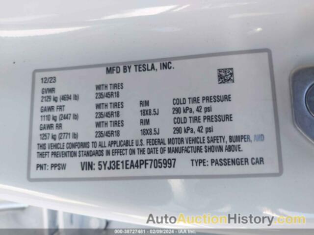 TESLA MODEL 3 REAR-WHEEL DRIVE, 5YJ3E1EA4PF705997