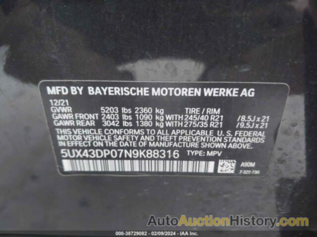BMW X3 SDRIVE30I, 5UX43DP07N9K88316