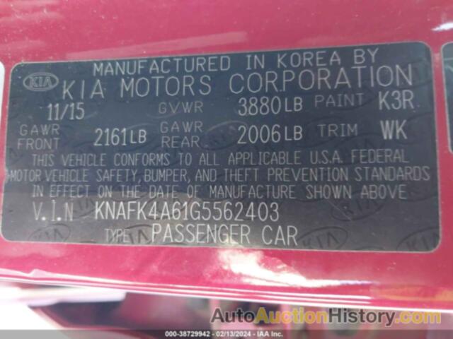 KIA FORTE LX, KNAFK4A61G5562403