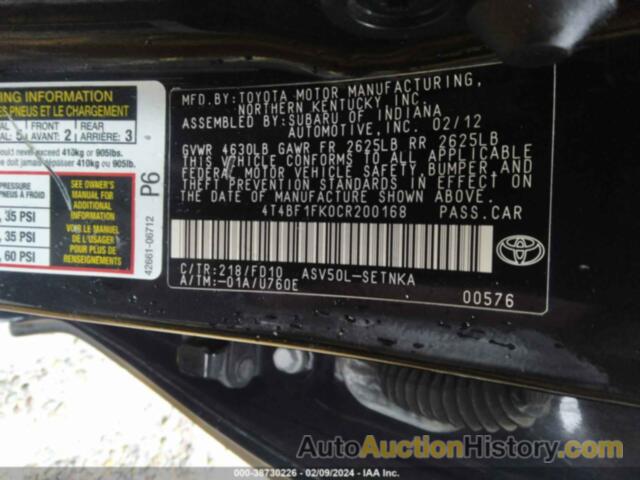 TOYOTA CAMRY LE, 4T4BF1FK0CR200168