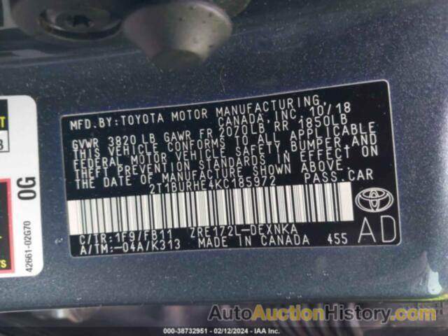 TOYOTA COROLLA LE, 2T1BURHE4KC185972