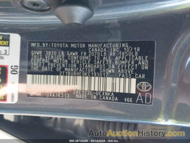 TOYOTA COROLLA LE, 2T1BURHE0KC193017