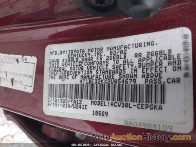 TOYOTA CAMRY XLE, 4T1BE32KX2U054679