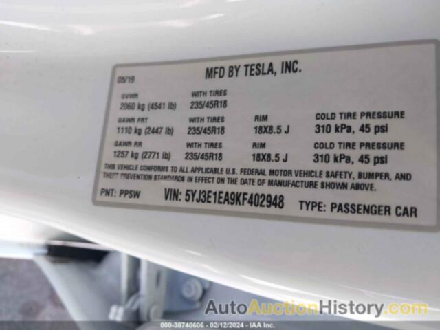 TESLA MODEL 3 LONG RANGE/MID RANGE/STANDARD RANGE/STANDARD RANGE PLUS, 5YJ3E1EA9KF402948