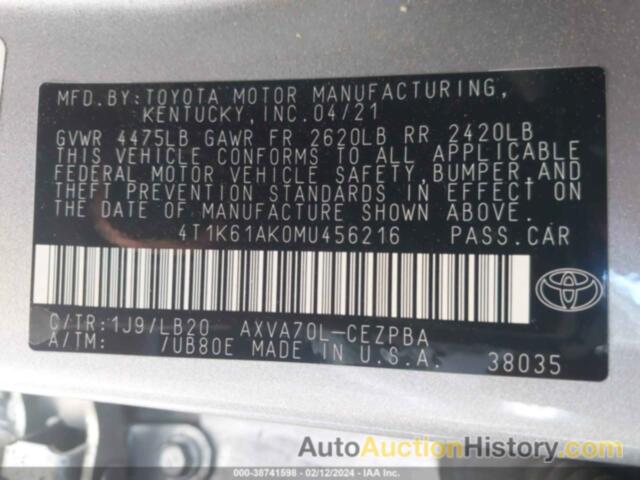 TOYOTA CAMRY XSE, 4T1K61AK0MU456216