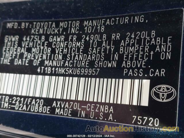 TOYOTA CAMRY LE, 4T1B11HK5KU699957