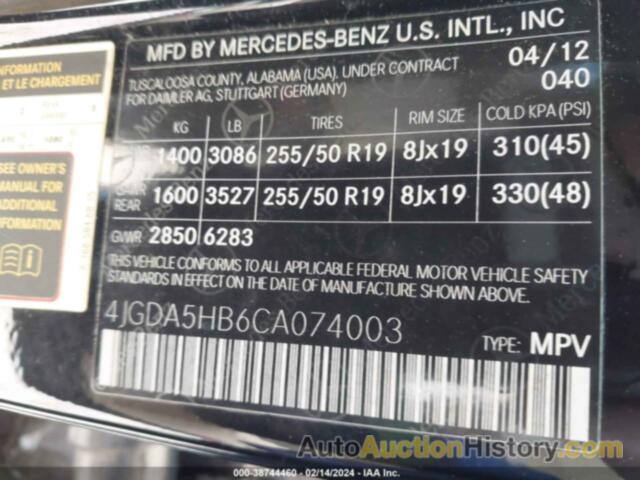 MERCEDES-BENZ ML 350 4MATIC, 4JGDA5HB6CA074003