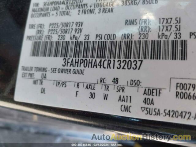 FORD FUSION SE, 3FAHP0HA4CR132037