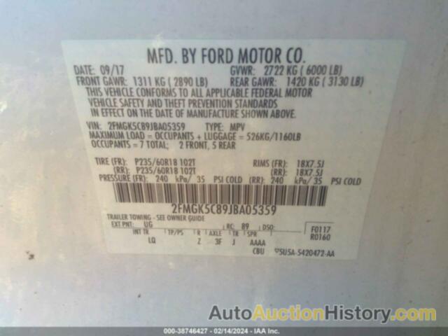 FORD FLEX SEL, 2FMGK5C89JBA05359