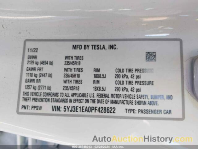 TESLA MODEL 3 REAR-WHEEL DRIVE, 5YJ3E1EA0PF428622