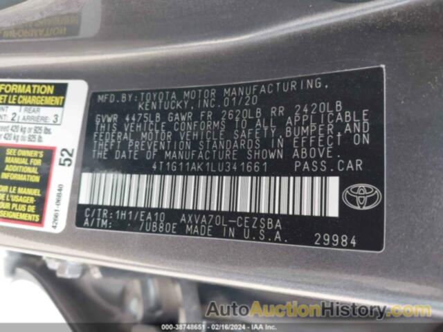 TOYOTA CAMRY SE, 4T1G11AK1LU341661