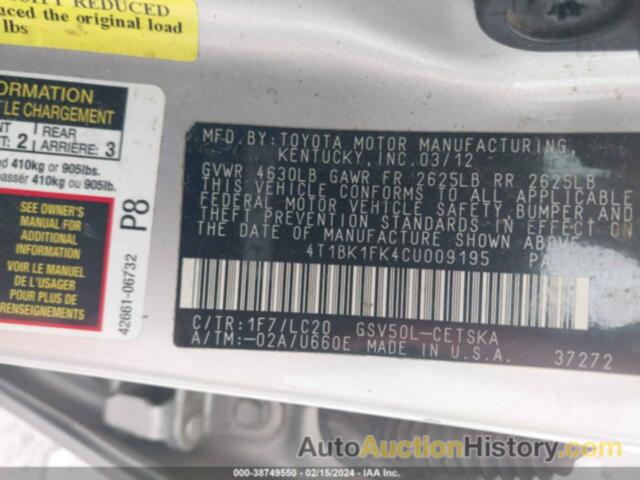 TOYOTA CAMRY SE V6, 4T1BK1FK4CU009195