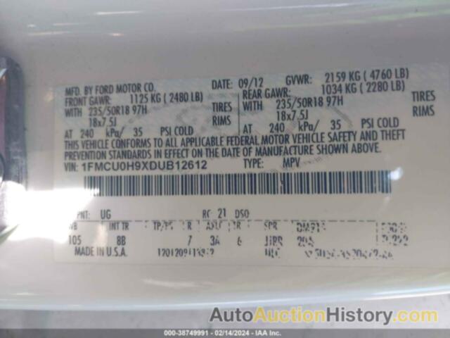 FORD ESCAPE SEL, 1FMCU0H9XDUB12612