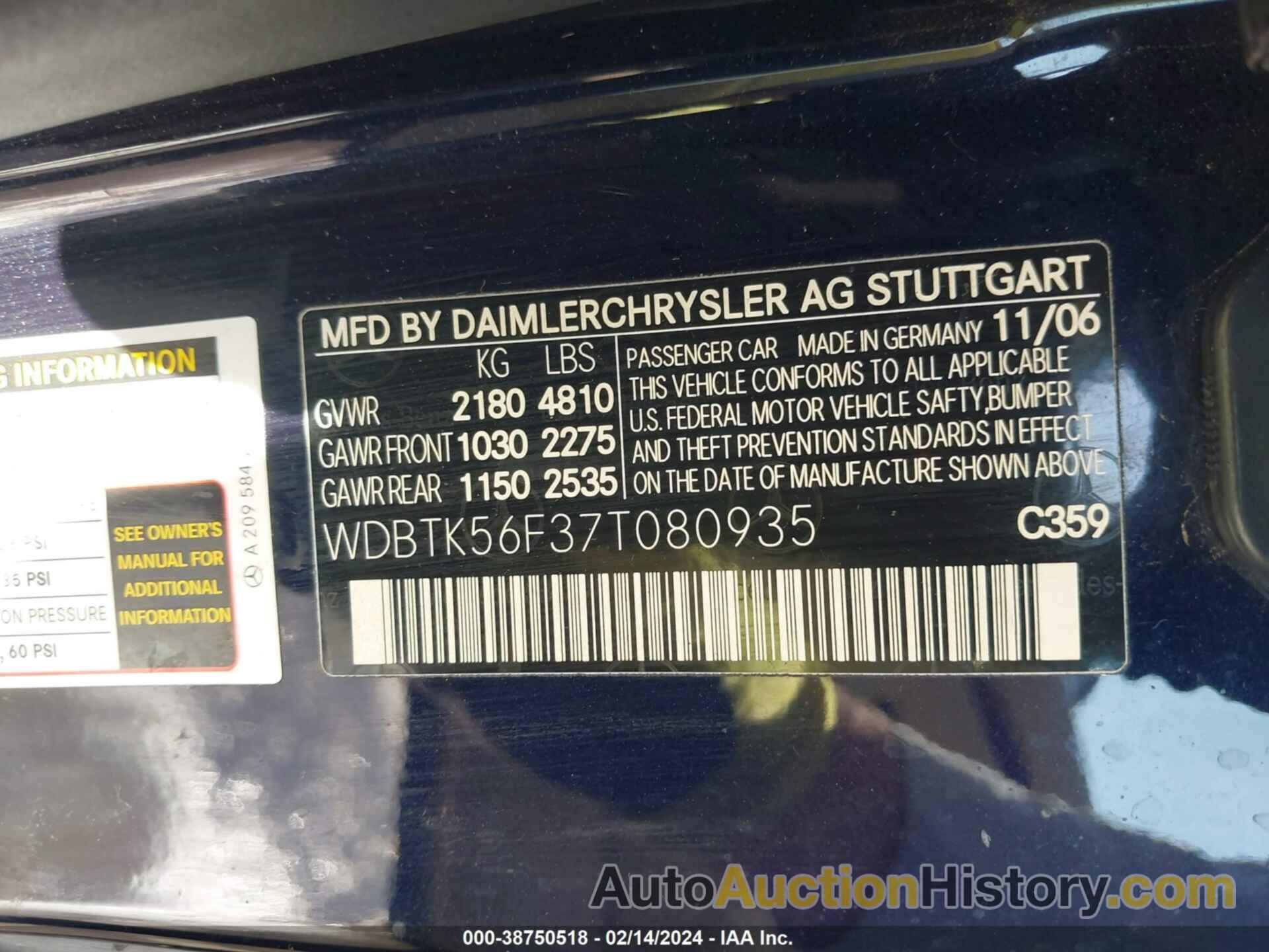 MERCEDES-BENZ CLK 350, WDBTK56F37T080935