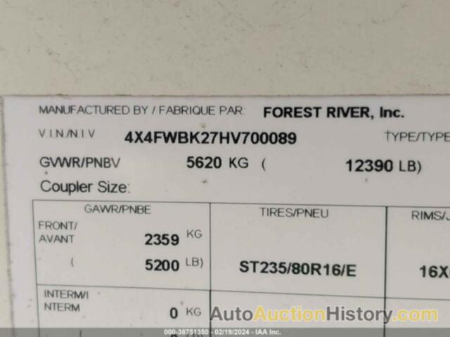 FOREST RIVER 39FT, 4X4FWBK27HV700089