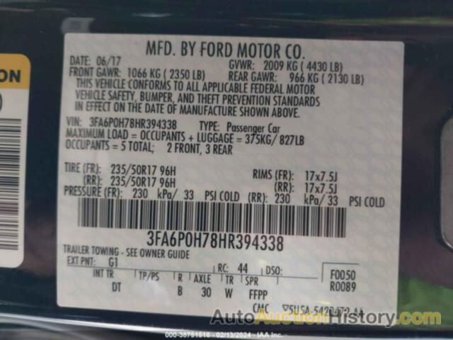 FORD FUSION SE, 3FA6P0H78HR394338