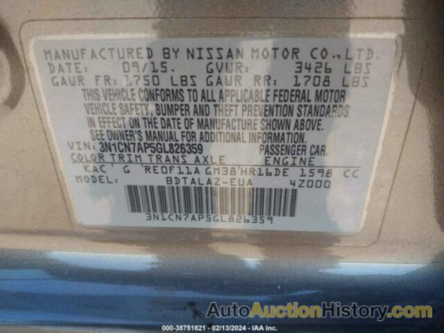 NISSAN VERSA 1.6 S+, 3N1CN7AP5GL826359