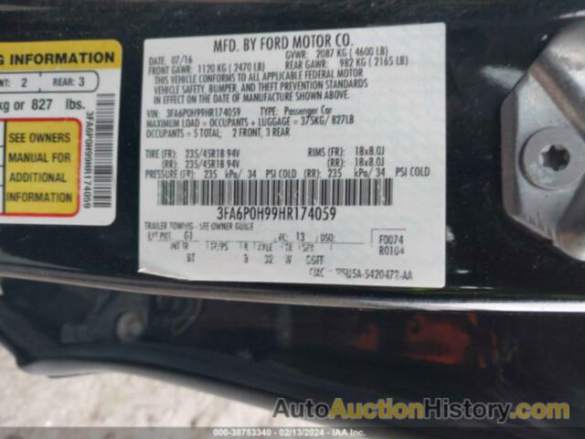 FORD FUSION SE, 3FA6P0H99HR174059