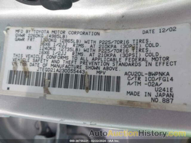 TOYOTA HIGHLANDER, JTEGD21A230055443