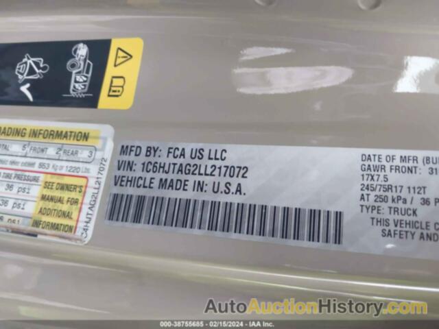 JEEP GLADIATOR SPORT S 4X4, 1C6HJTAG2LL217072