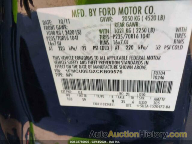 FORD ESCAPE LIMITED, 1FMCU0EGXCKB09576