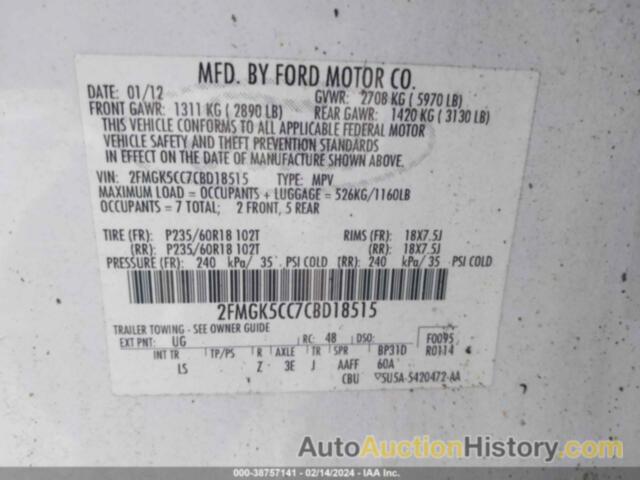 FORD FLEX SEL, 2FMGK5CC7CBD18515