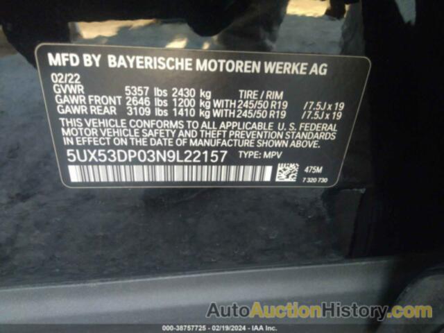 BMW X3 XDRIVE30I, 5UX53DP03N9L22157