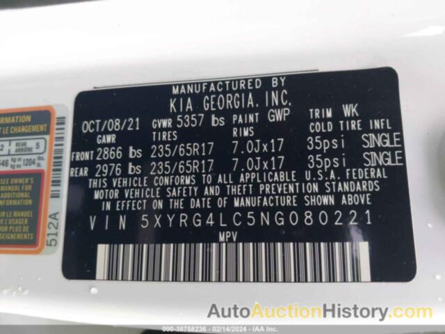 KIA SORENTO LX, 5XYRG4LC5NG080221