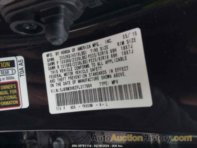 HONDA CR-V TOURING, 5J6RM3H92FL017884