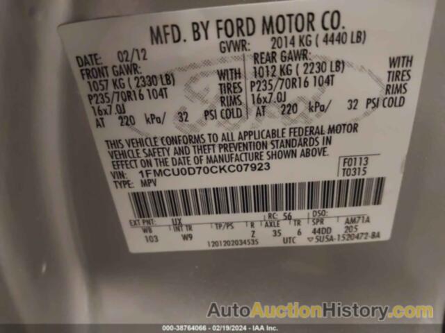 FORD ESCAPE XLT, 1FMCU0D70CKC07923