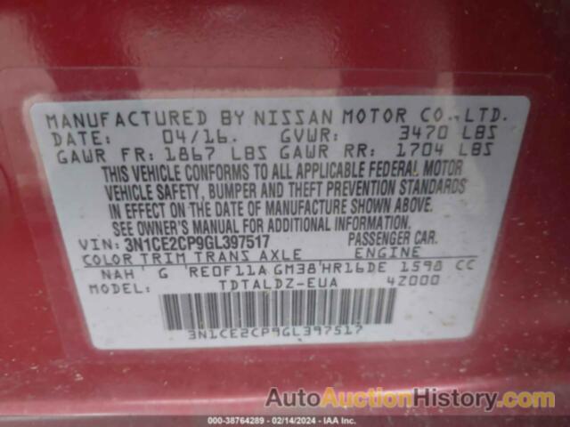 NISSAN VERSA NOTE S (SR)/S PLUS/SL/SR/SV, 3N1CE2CP9GL397517