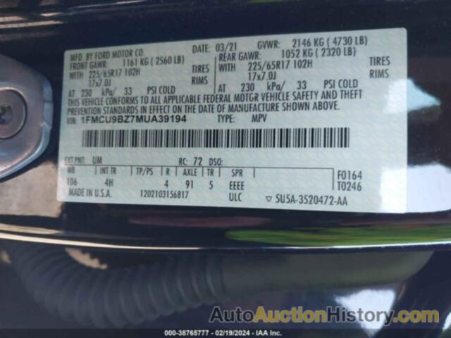 FORD ESCAPE SE HYBRID, 1FMCU9BZ7MUA39194