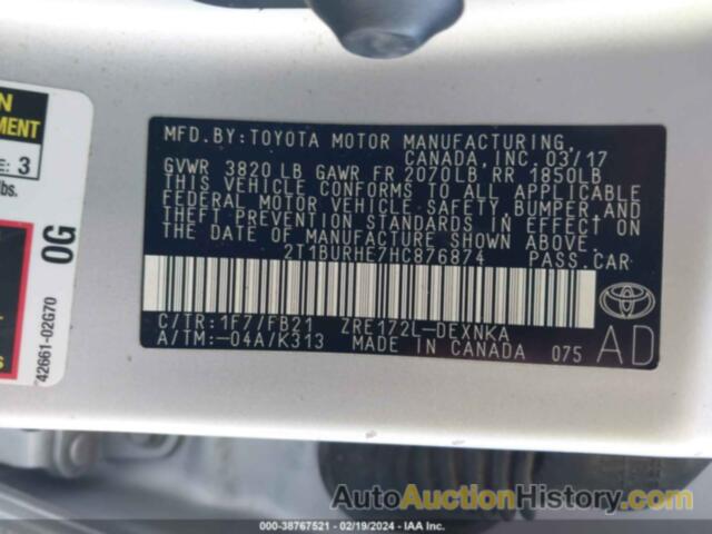 TOYOTA COROLLA LE, 2T1BURHE7HC876874