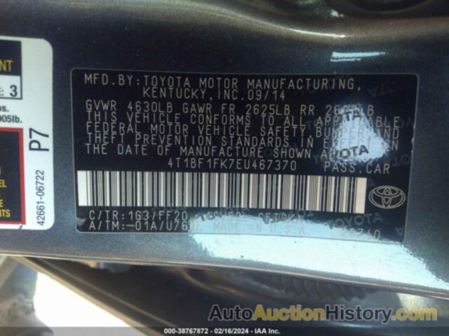 TOYOTA CAMRY L/SE/LE/XLE, 4T1BF1FK7EU467370