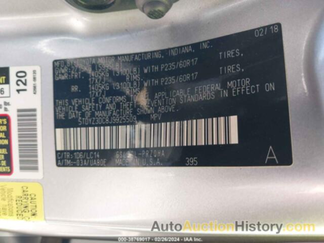 TOYOTA SIENNA XLE 8 PASSENGER, 5TDYZ3DC8JS925509