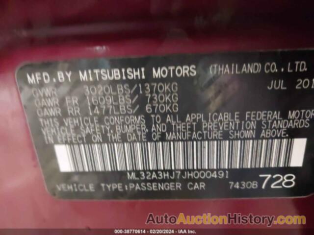 MITSUBISHI MIRAGE ES, ML32A3HJ7JH000491