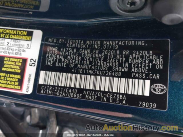 TOYOTA CAMRY SE, 4T1B11HK7KU736488