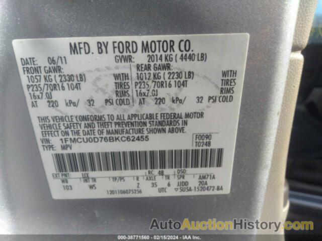 FORD ESCAPE XLT, 1FMCU0D76BKC62455