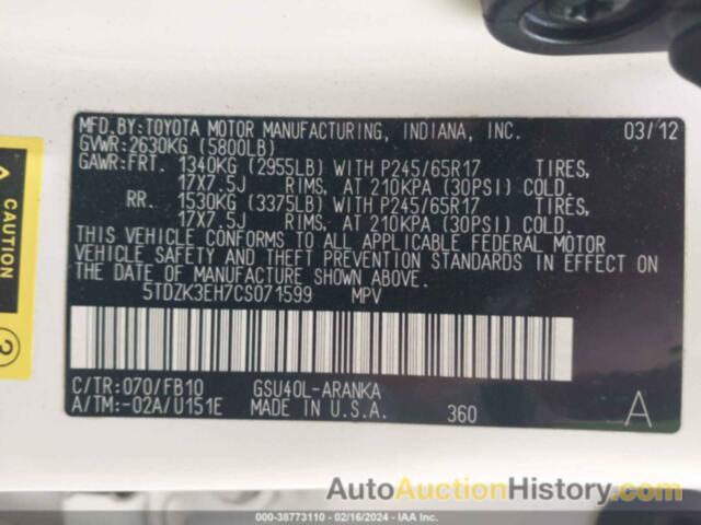 TOYOTA HIGHLANDER BASE V6, 5TDZK3EH7CS071599