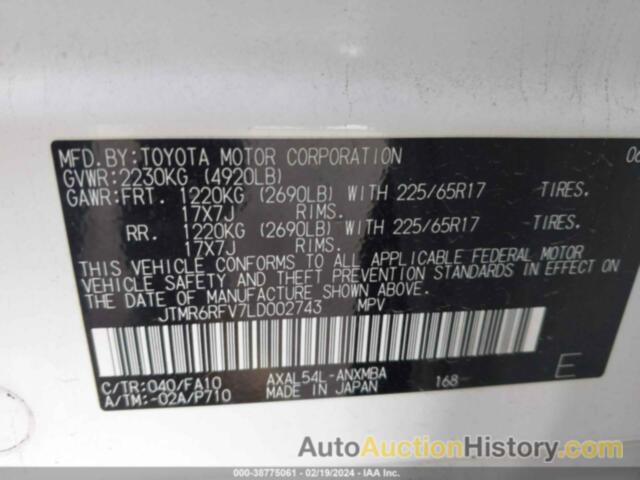 TOYOTA RAV4 XLE HYBRID, JTMR6RFV7LD002743